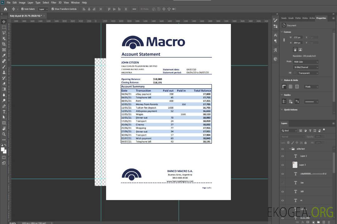 Modèle de relevé bancaire Argentine Banco Macro S. A. au format Excel et PDF template